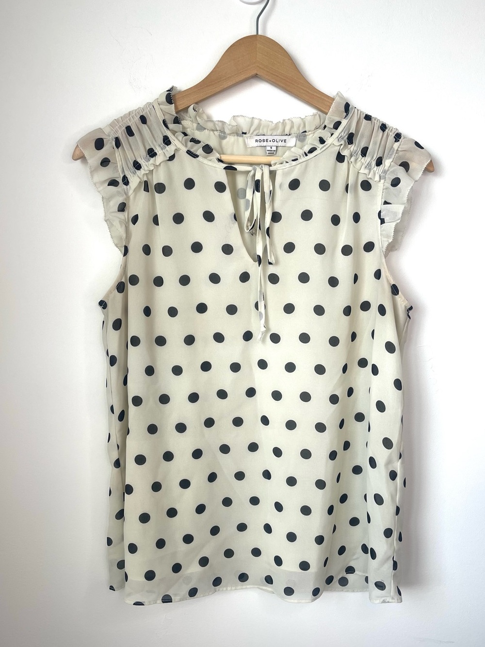 Rose & Olive Cream Blouse with Black Polka Dots size small